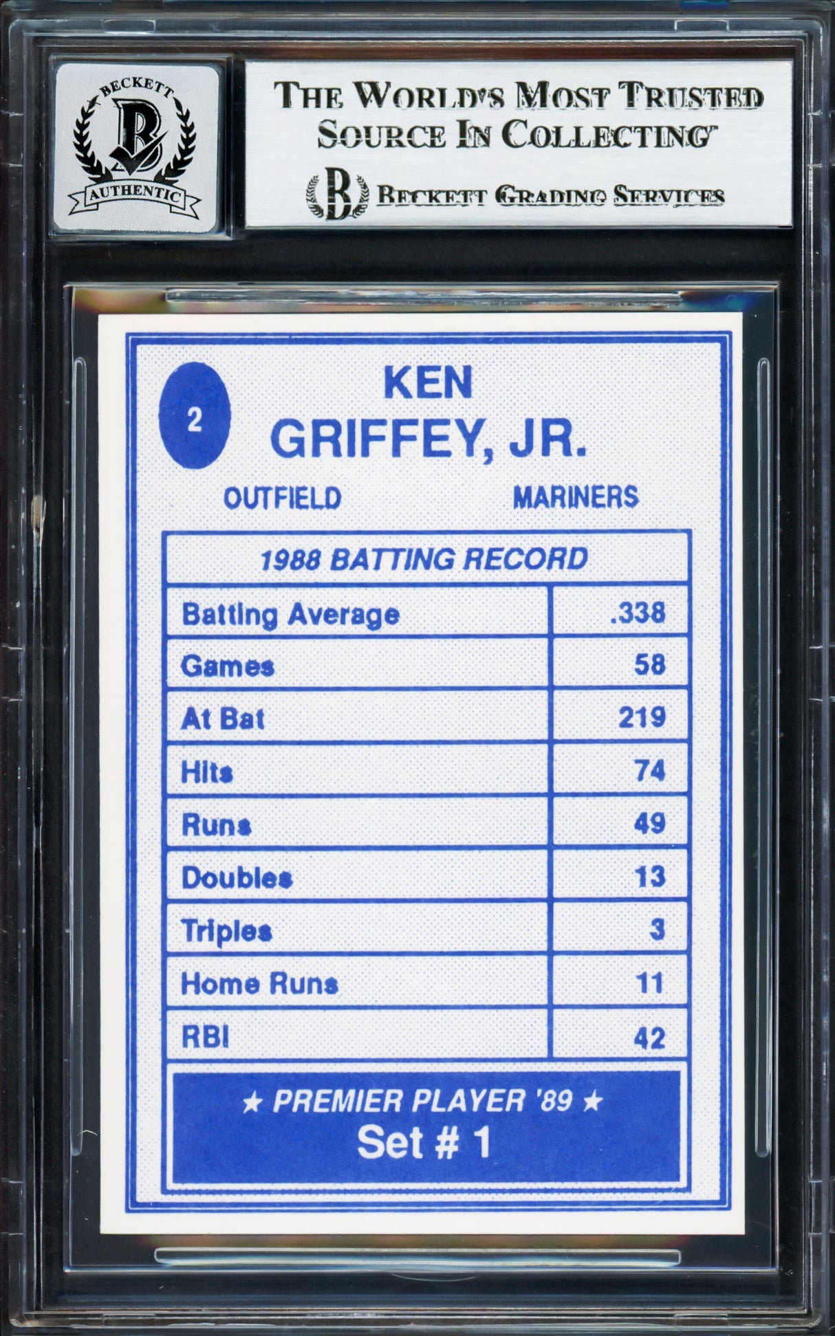 Ken Griffey Jr. Autographed 1989 Premier Player Rookie Card #2 Seattle Mariners Auto Grade Gem Mint 10 Beckett BAS Stock #233976