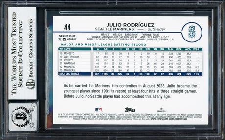 Julio Rodriguez Autographed 2024 Topps Card #44 Seattle Mariners Auto Grade Gem Mint 10 Beckett BAS Stock #233982