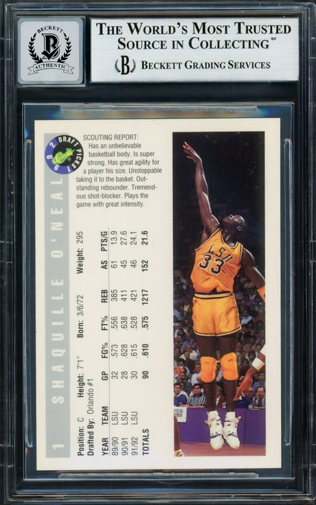 Shaquille O'Neal Autographed 1992-93 Classic Rookie Card #1 LSU Tigers Auto Grade Gem Mint 10 Beckett BAS Stock #220145