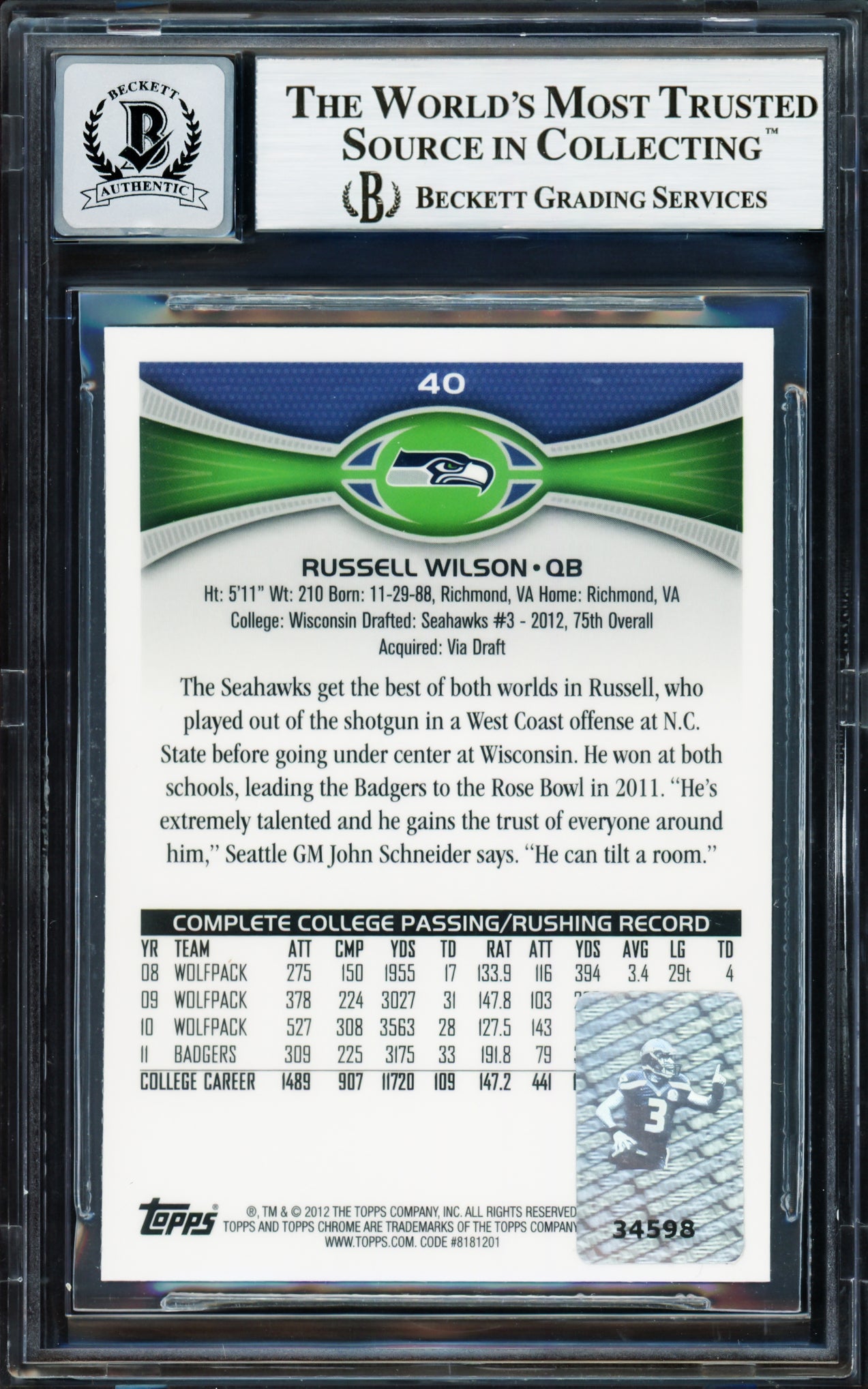 Russell Wilson Autographed 2012 Topps Chrome Rookie Card #40A Seattle Seahawks Auto Grade Gem Mint 10 Beckett BAS Stock #220152