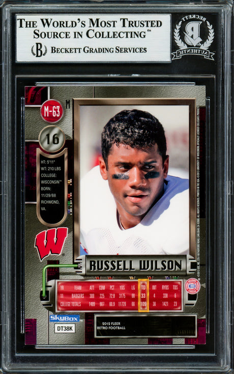 Russell Wilson Autographed 2012 Fleer Retro Metal Universe Rookie Card #M63 Wisconsin Badgers Beckett BAS Stock #220155