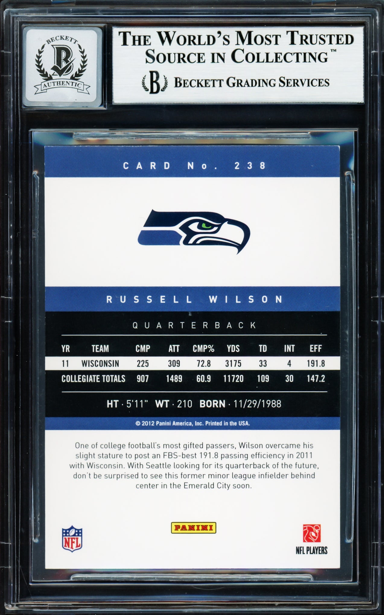 Russell Wilson Autographed 2012 Panini Prestige Rookie Card #238 Seattle Seahawks Auto Grade Gem Mint 10 Beckett BAS Stock #220156