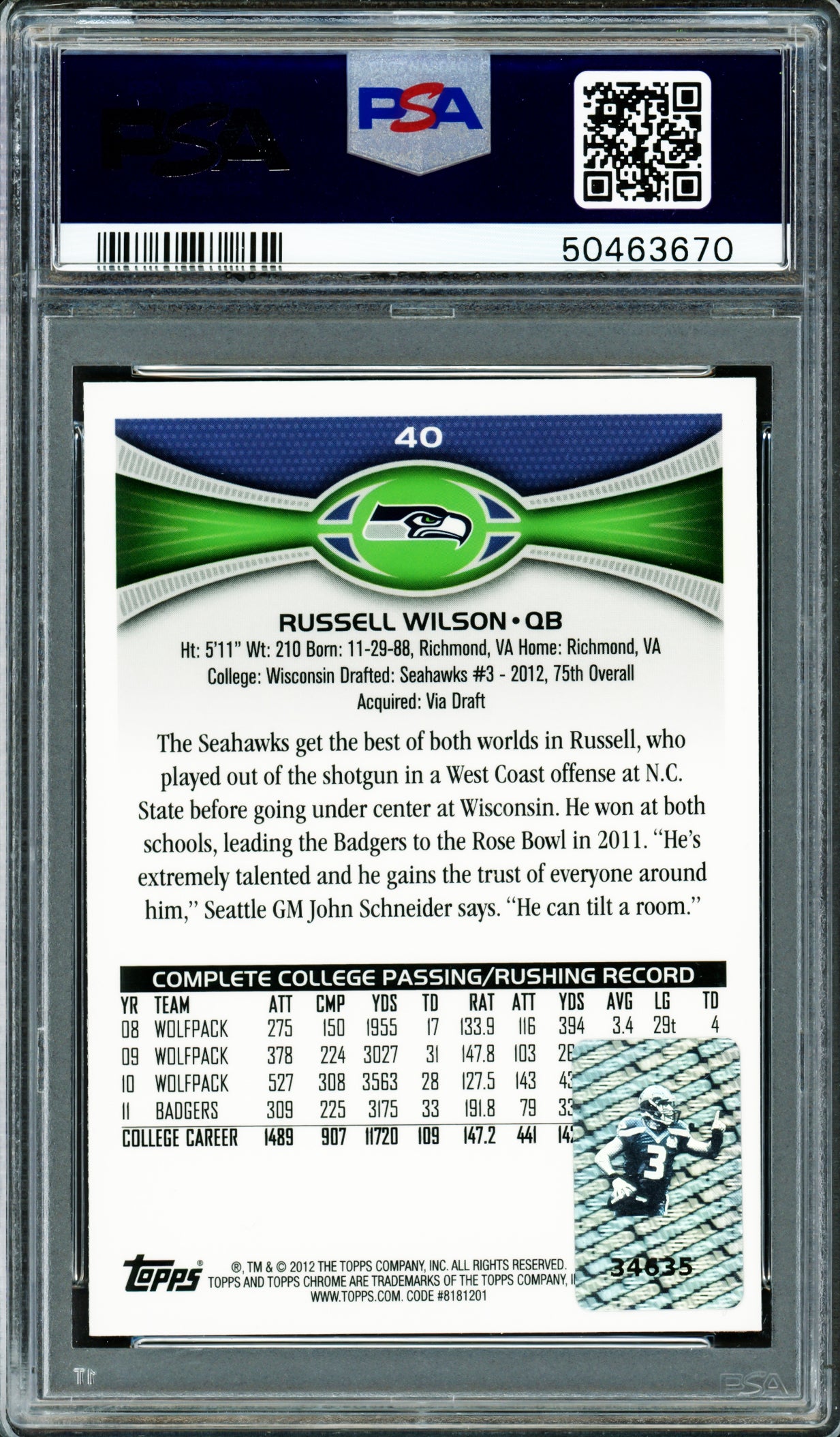 Russell Wilson Autographed 2012 Topps Chrome Rookie Card #40A Seattle Seahawks PSA 8 Auto Grade Gem Mint 10 PSA/DNA Stock #220173