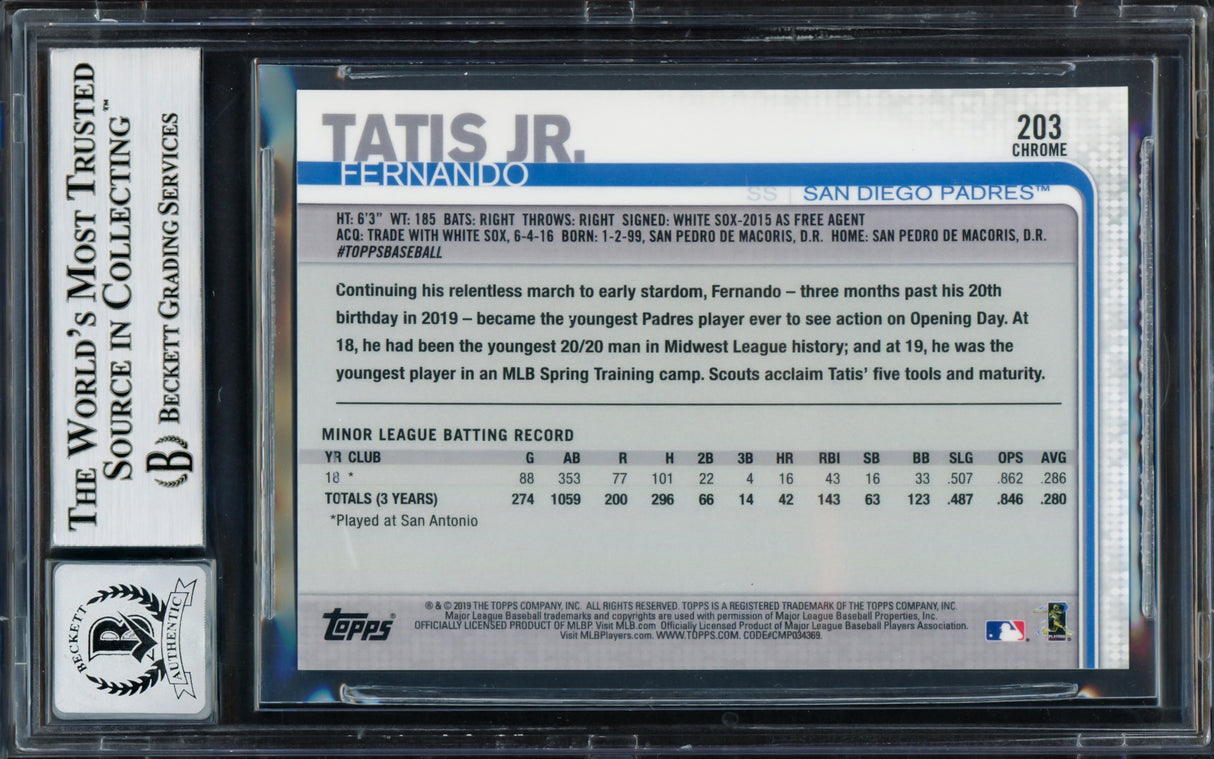 Fernando Tatis Jr. Autographed 2019 Topps Chrome Rookie Card #203 San Diego Padres Auto Grade Gem Mint 10 Beckett BAS Stock #220230