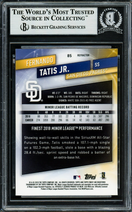 Fernando Tatis Jr. Autographed 2019 Topps Finest Refractors Rookie Card #85 San Diego Padres Beckett BAS Stock #220232