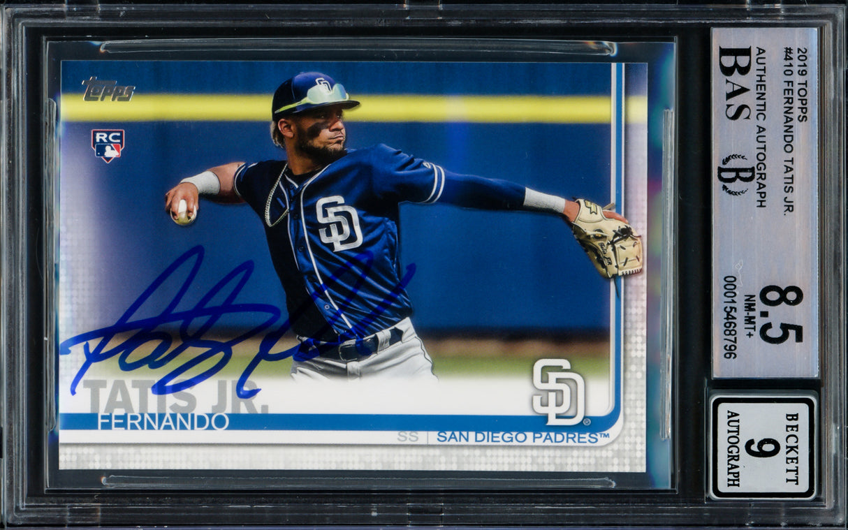 Fernando Tatis Jr. Autographed 2019 Topps Rookie Card #410 San Diego Padres BGS 8.5 Auto Grade Mint 9 Beckett BAS Stock #220236