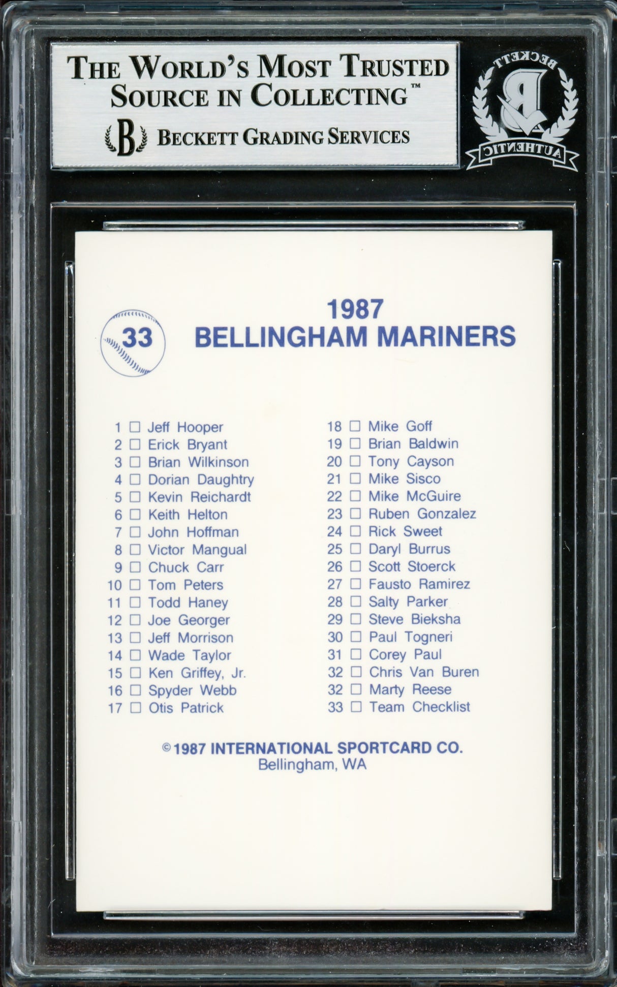 Ken Griffey Jr. Autographed 1987 International Bellingham Rookie Team Card #33 Seattle Mariners Beckett BAS Stock #220291