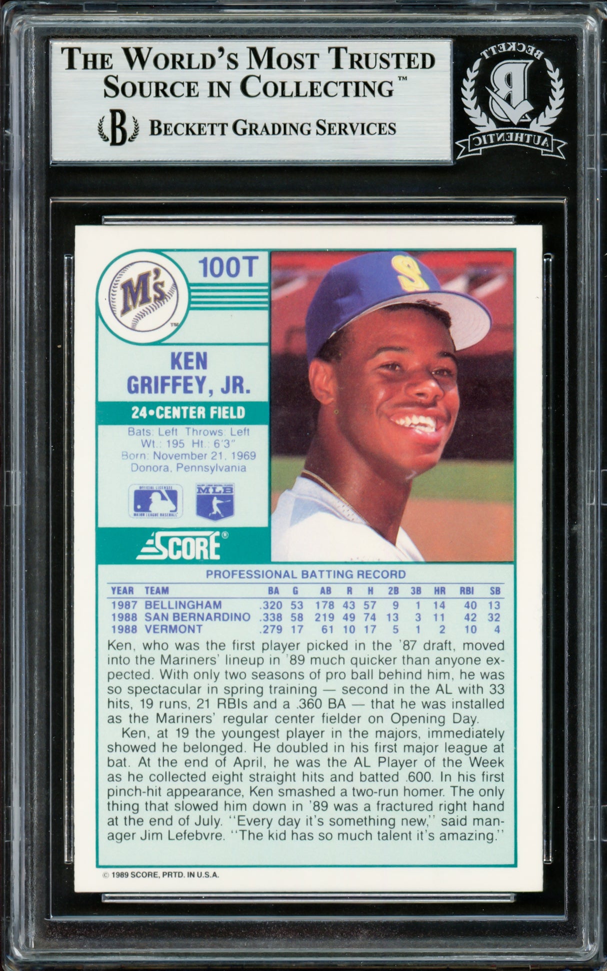 Ken Griffey Jr. Autographed 1989 Score Traded Rookie Card #100T Seattle Mariners Beckett BAS Stock #220299