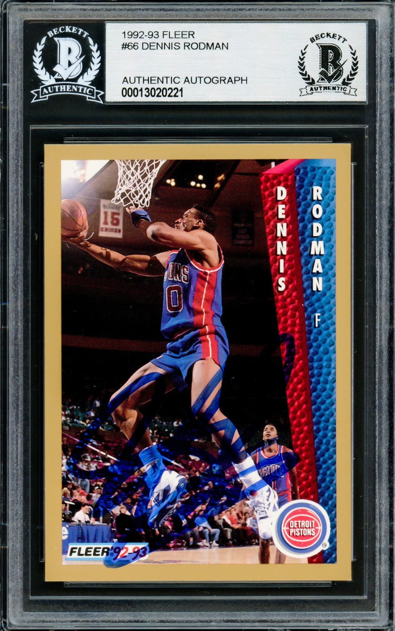 Dennis Rodman Autographed 1992-93 Fleer Card #66 Detroit Pistons Beckett BAS Stock #220308