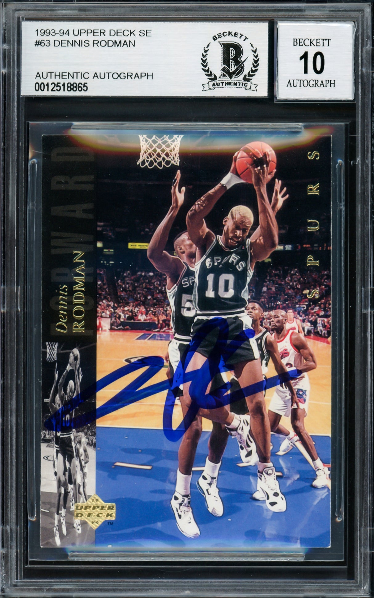 Dennis Rodman Autographed 1993-94 Upper Deck Card #63 San Antonio Spurs Auto Grade Gem Mint 10 Beckett BAS Stock #220313