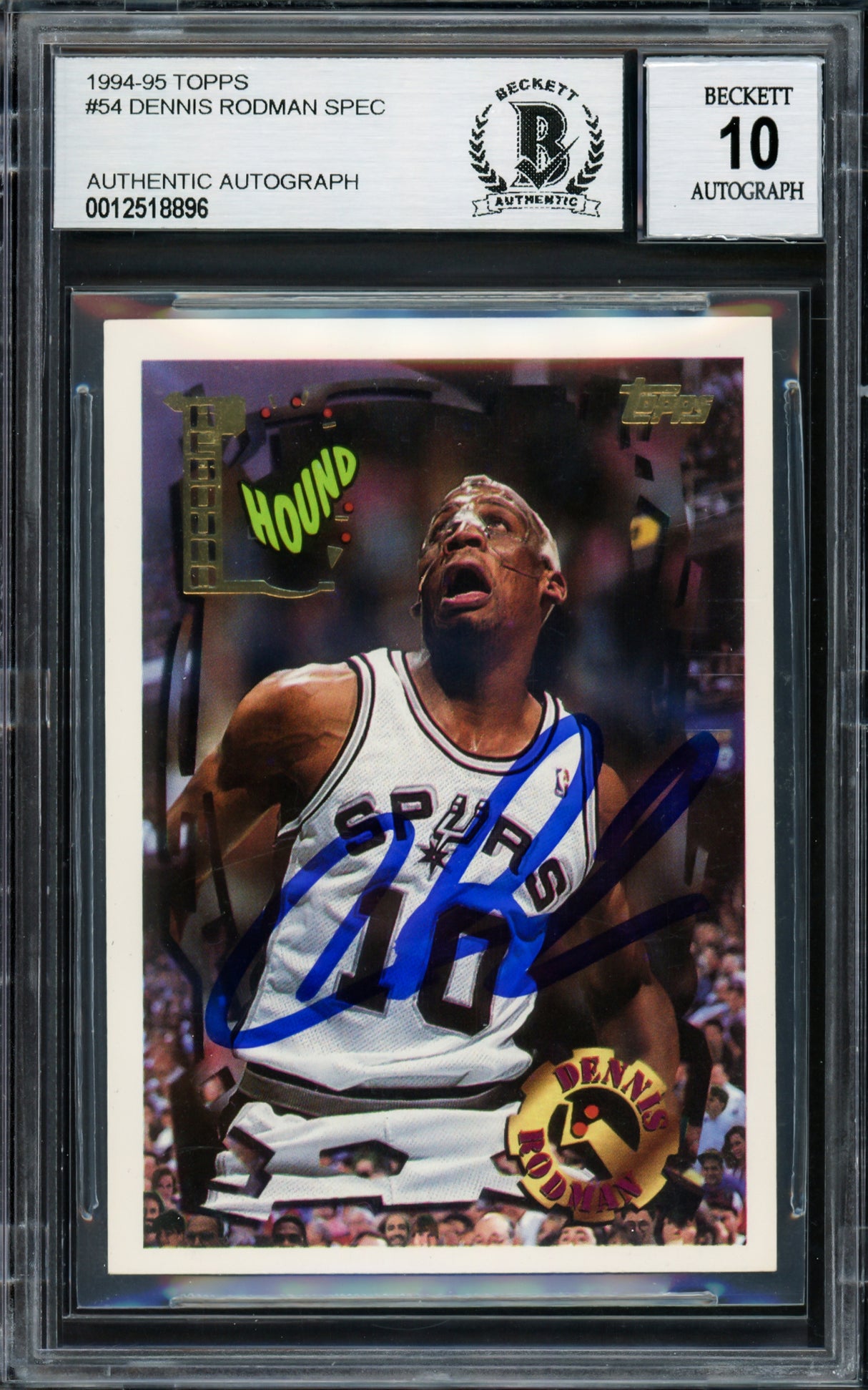 Dennis Rodman Autographed 1994-95 Topps Card #54 San Antonio Spurs Auto Grade Gem Mint 10 Beckett BAS Stock #220315