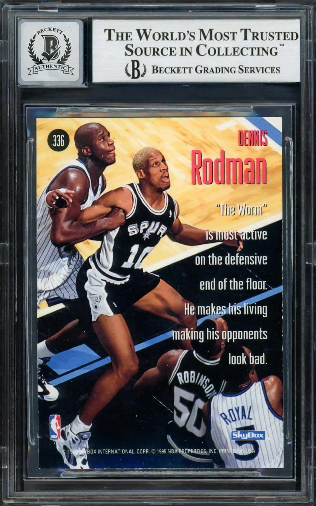 Dennis Rodman Autographed 1995-96 Skybox Swats Card #336 San Antonio Spurs Auto Grade Gem Mint 10 Beckett BAS Stock #220317