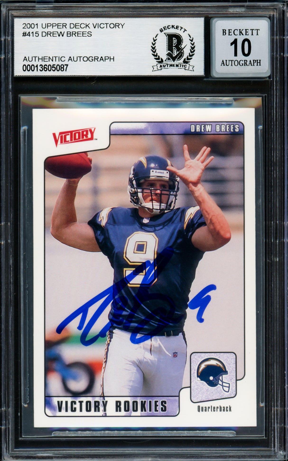 Drew Brees Autographed 2001 Upper Deck Victory Rookie Card #415 San Diego Chargers Auto Grade Gem Mint 10 Beckett BAS Stock #220326