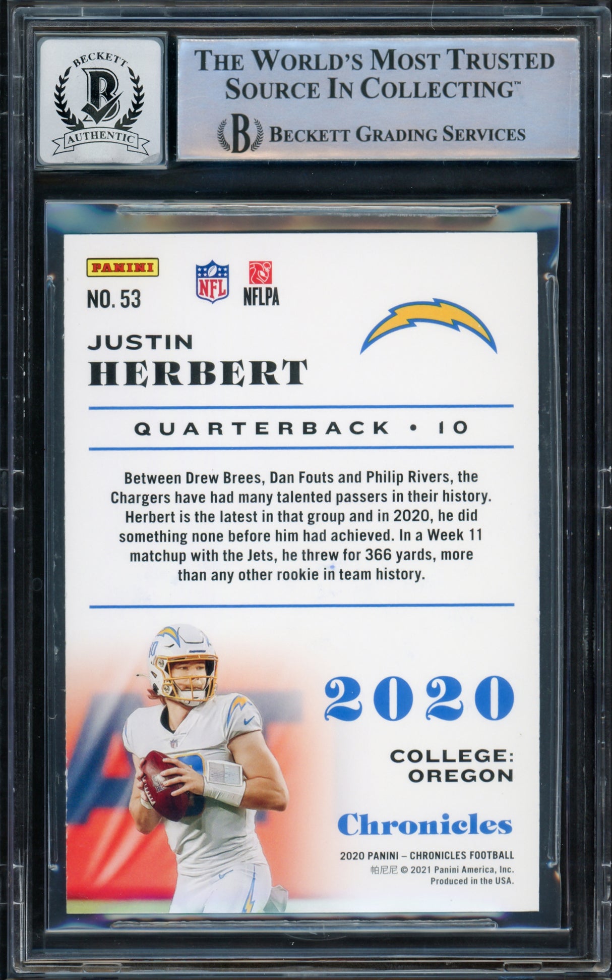 Justin Herbert Autographed 2020 Panini Chronicles Pink Parallel Rookie Card #53 Los Angeles Chargers Auto Grade Gem Mint 10 Beckett BAS Stock #220328