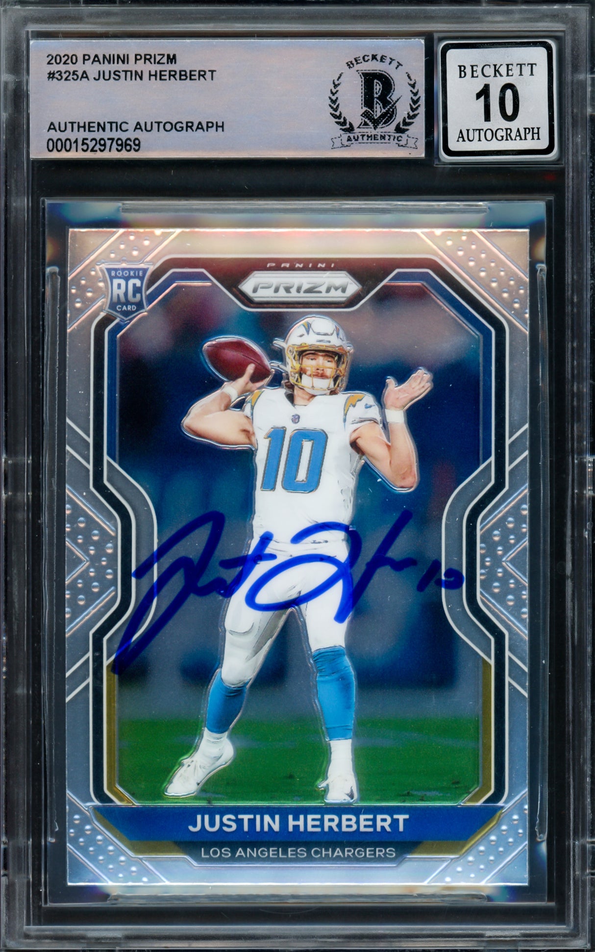 Justin Herbert Autographed 2020 Panini Prizm Rookie Card #325 Los Angeles Chargers Auto Grade Gem Mint 10 Beckett BAS Stock #220329