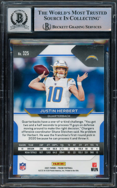 Justin Herbert Autographed 2020 Panini Prizm Rookie Card #325 Los Angeles Chargers Auto Grade Gem Mint 10 Beckett BAS Stock #220329