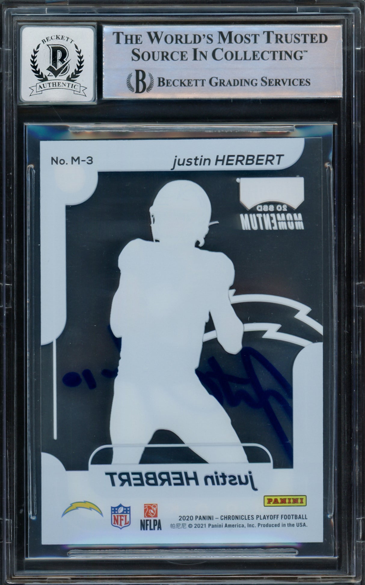 Justin Herbert Autographed 2020 Playoff Momentum Rookie Card #M-3 Los Angeles Chargers Auto Grade Gem Mint 10 Beckett BAS Stock #220330