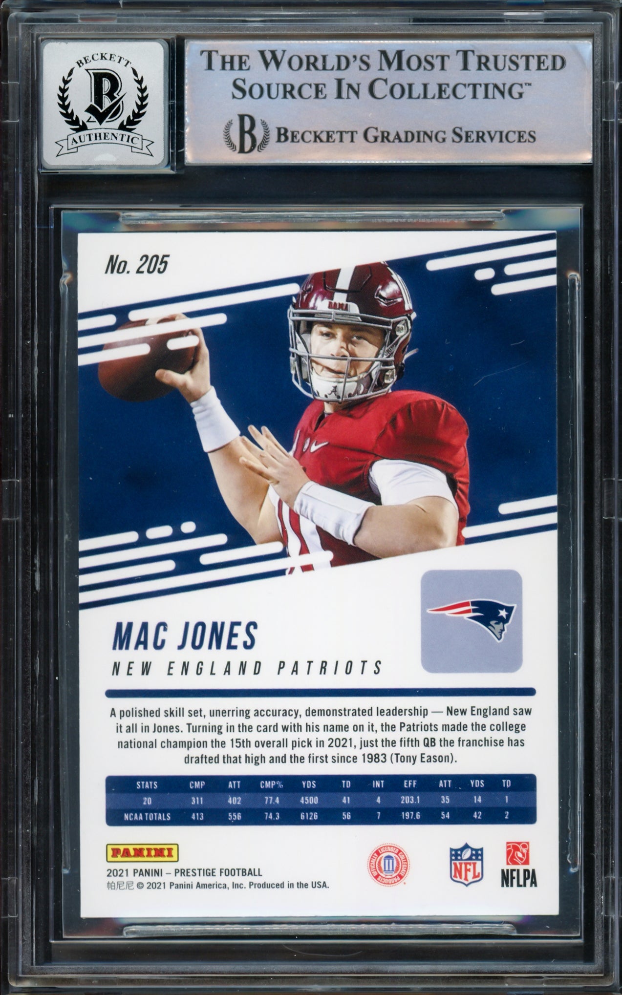 Mac Jones Autographed 2021 Panini Prestige Rookie Card #205 New England Patriots Auto Grade Gem Mint 10 Beckett BAS Stock #220339