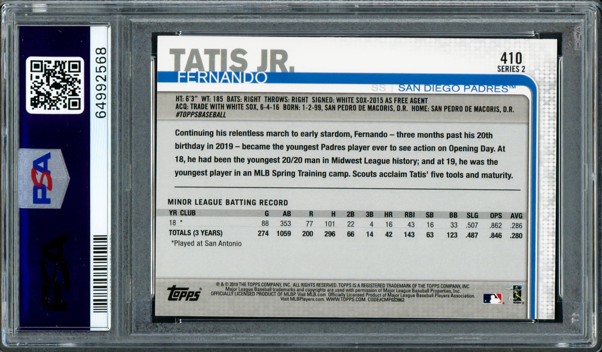 Fernando Tatis Jr. Autographed 2019 Topps Rookie Card #410 San Diego Padres PSA 10 Auto Grade Gem Mint 10 PSA/DNA Stock #220340