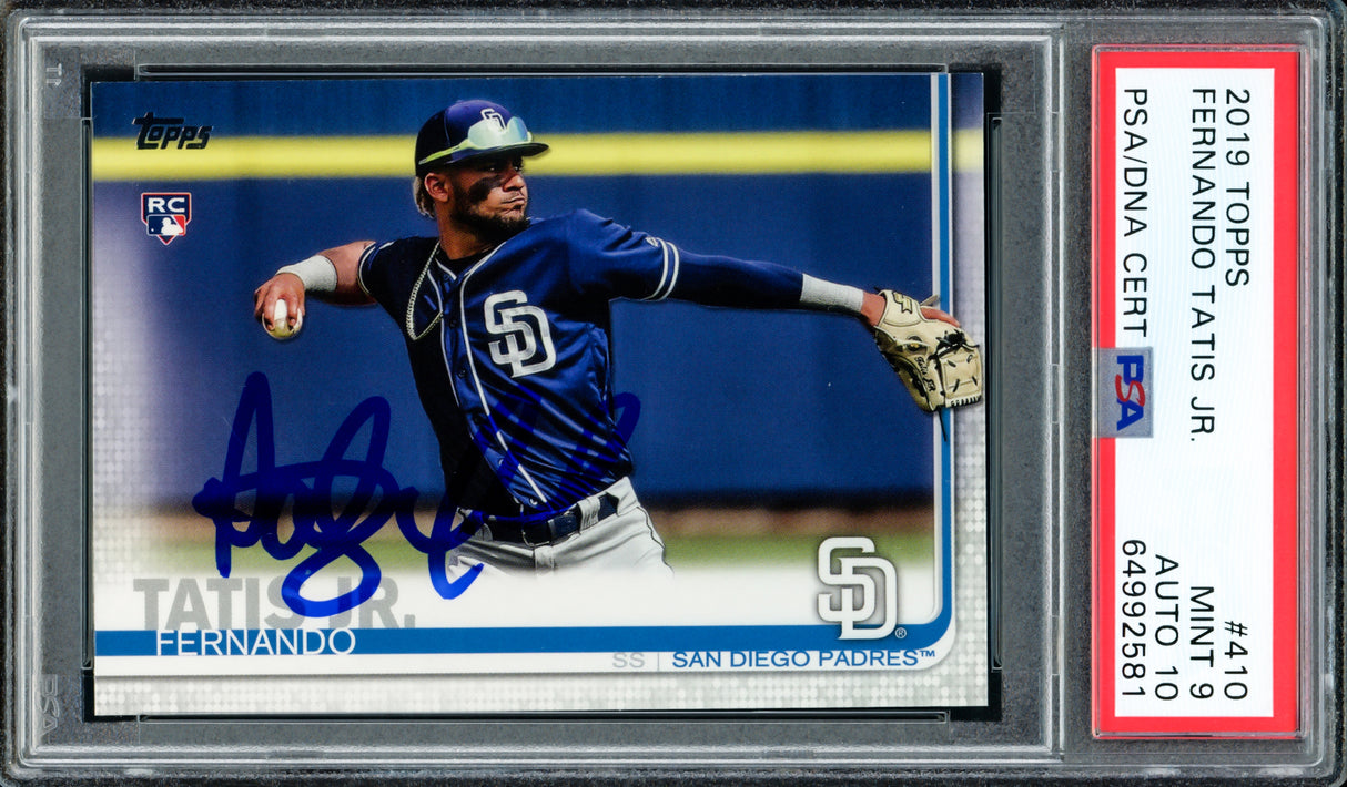 Fernando Tatis Jr. Autographed 2019 Topps Rookie Card #410 San Diego Padres PSA 9 Auto Grade Gem Mint 10 PSA/DNA Stock #220341