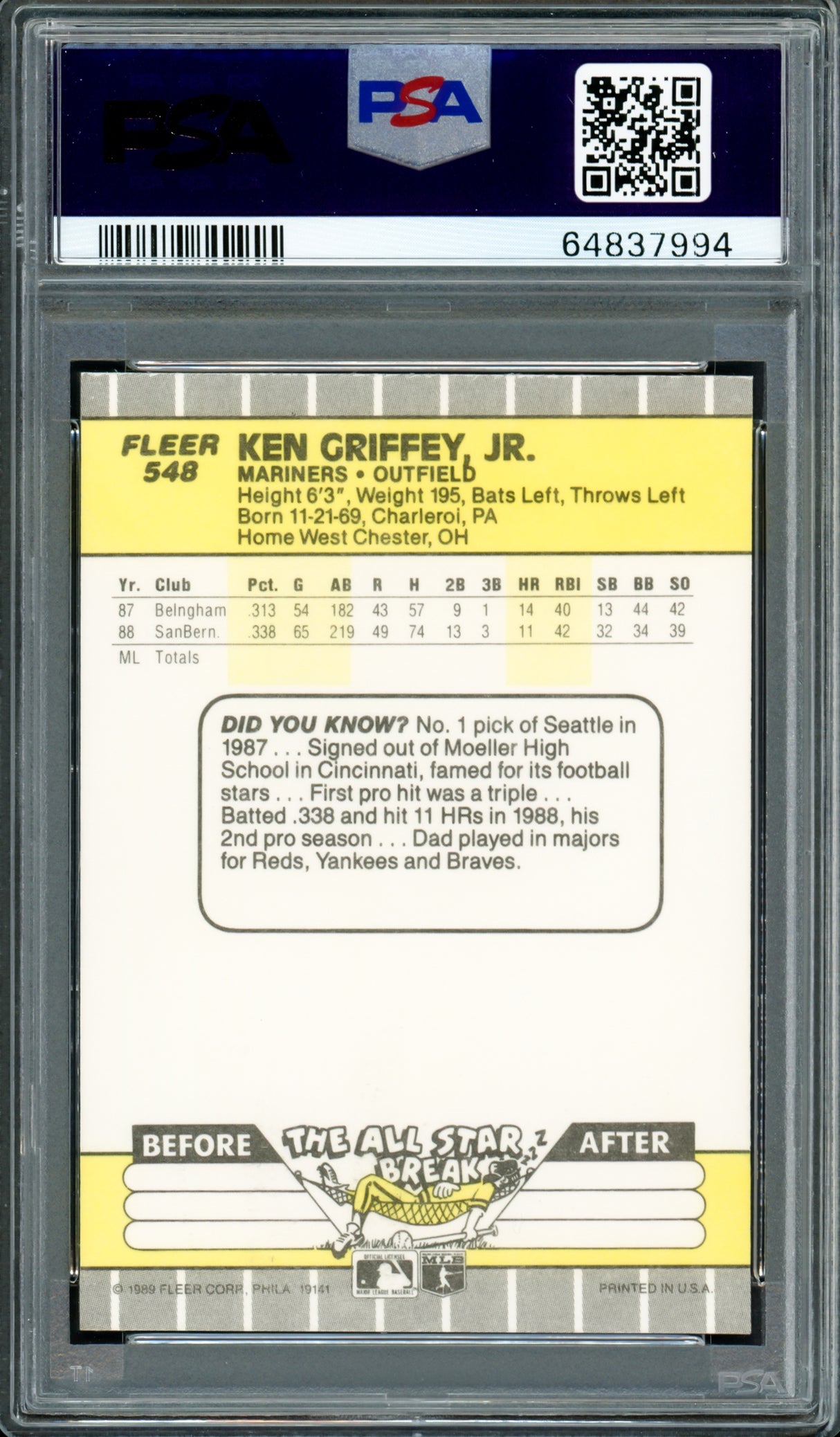 Ken Griffey Jr. Autographed 1989 Fleer Rookie Card #548 Seattle Mariners PSA 8 Auto Grade Gem Mint 10 PSA/DNA Stock #220344