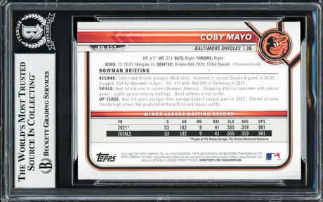 Coby Mayo Autographed 2022 Bowman Draft Rookie Card #BD127 Baltimore Orioles Beckett BAS Stock #234020