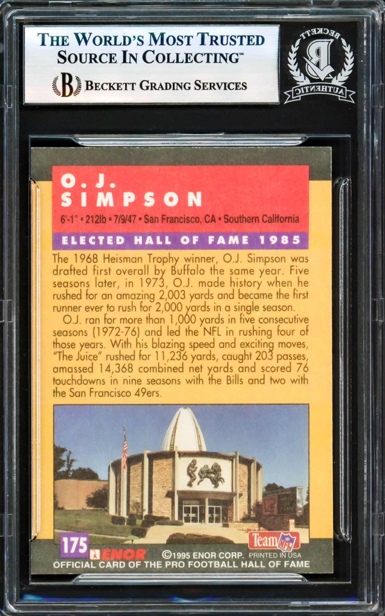 O.J. Simpson Autographed 1995 Enor Pro Hall of Fame HOF Card #175 Buffalo Bills Beckett BAS Stock #234021