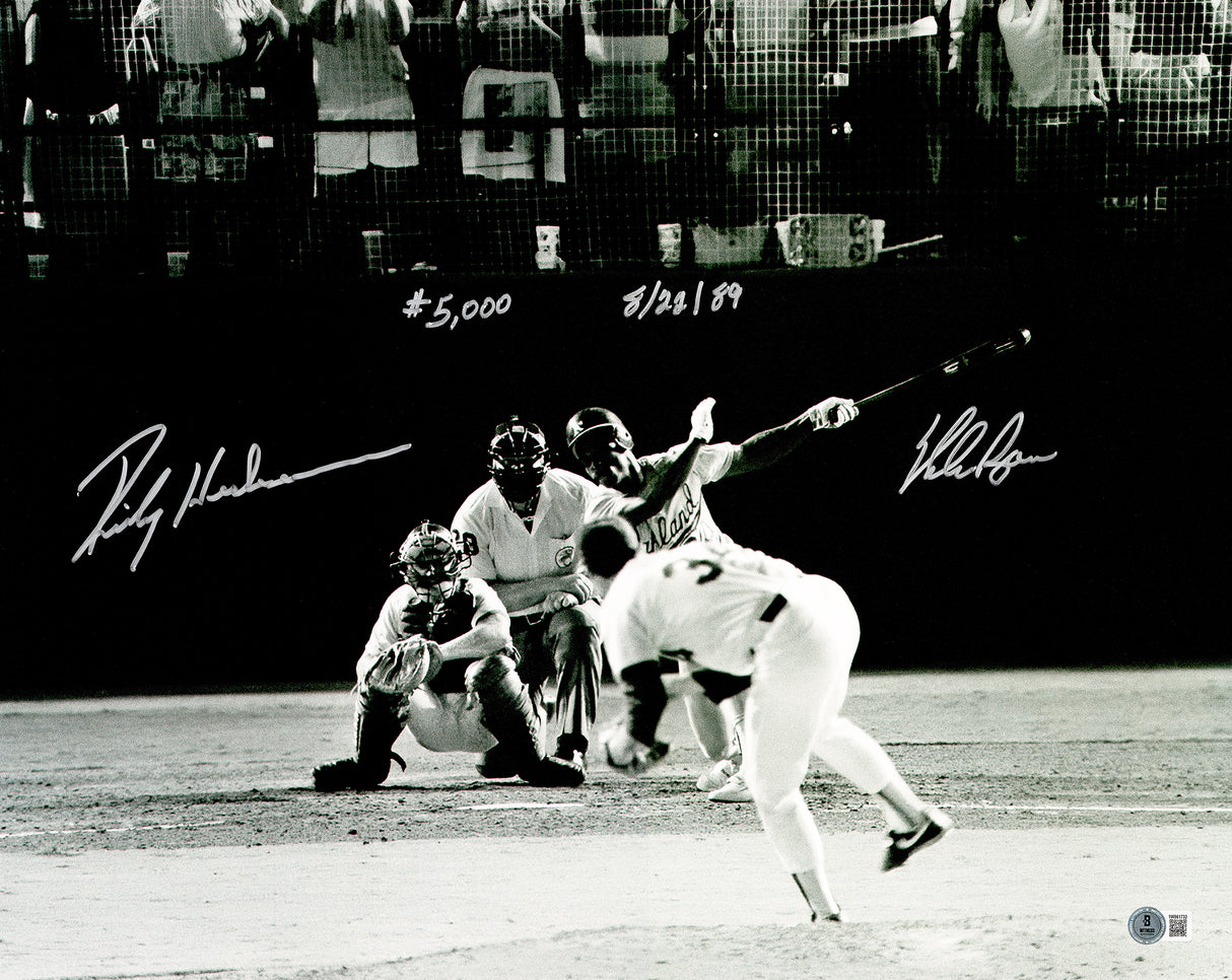 Nolan Ryan & Rickey Henderson Autographed 16x20 Photo Texas Rangers 5000th Strikeout "#5000 8/22/89" Beckett BAS Witness Stock #233989