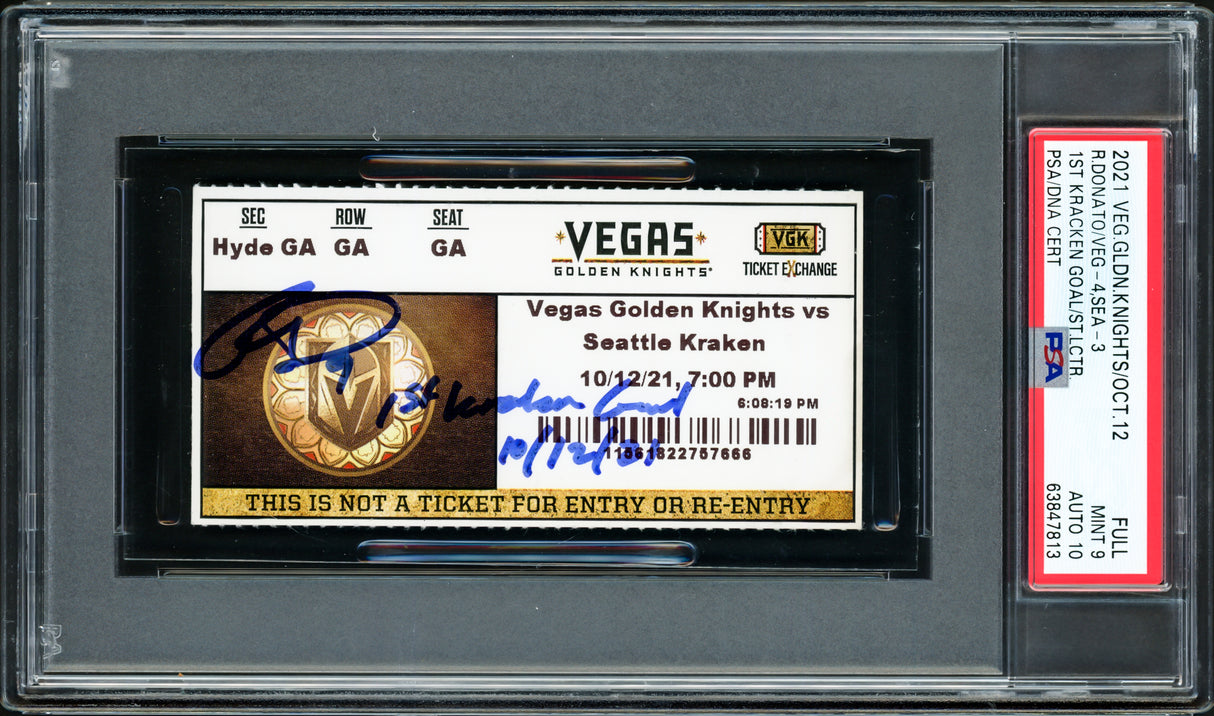 Ryan Donato Autographed Seattle Kraken Inaugural First Game Ticket PSA 9 Auto Grade Gem Mint 10 "1st Kraken Goal 10/12/21" Highest Graded PSA/DNA #63847813