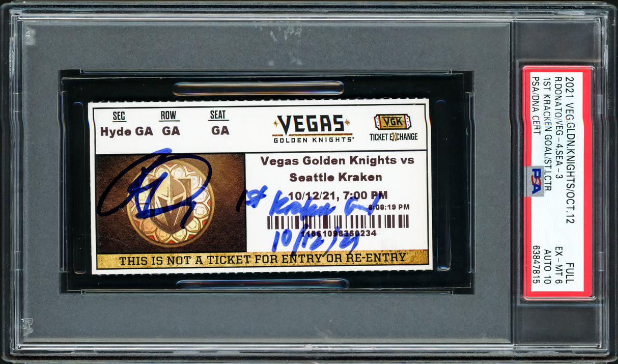 Ryan Donato Autographed Seattle Kraken Inaugural First Game Ticket PSA 6 Auto Grade Gem Mint 10 "1st Kraken Goal 10/12/21" PSA/DNA #63847815