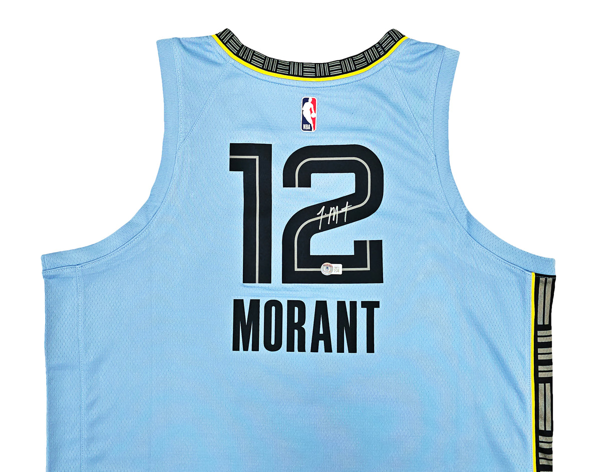 Memphis Grizzlies Ja Morant Autographed Light Blue Jordan Statement Edition Swingman Jersey Size 52 Beckett BAS QR Stock #218600