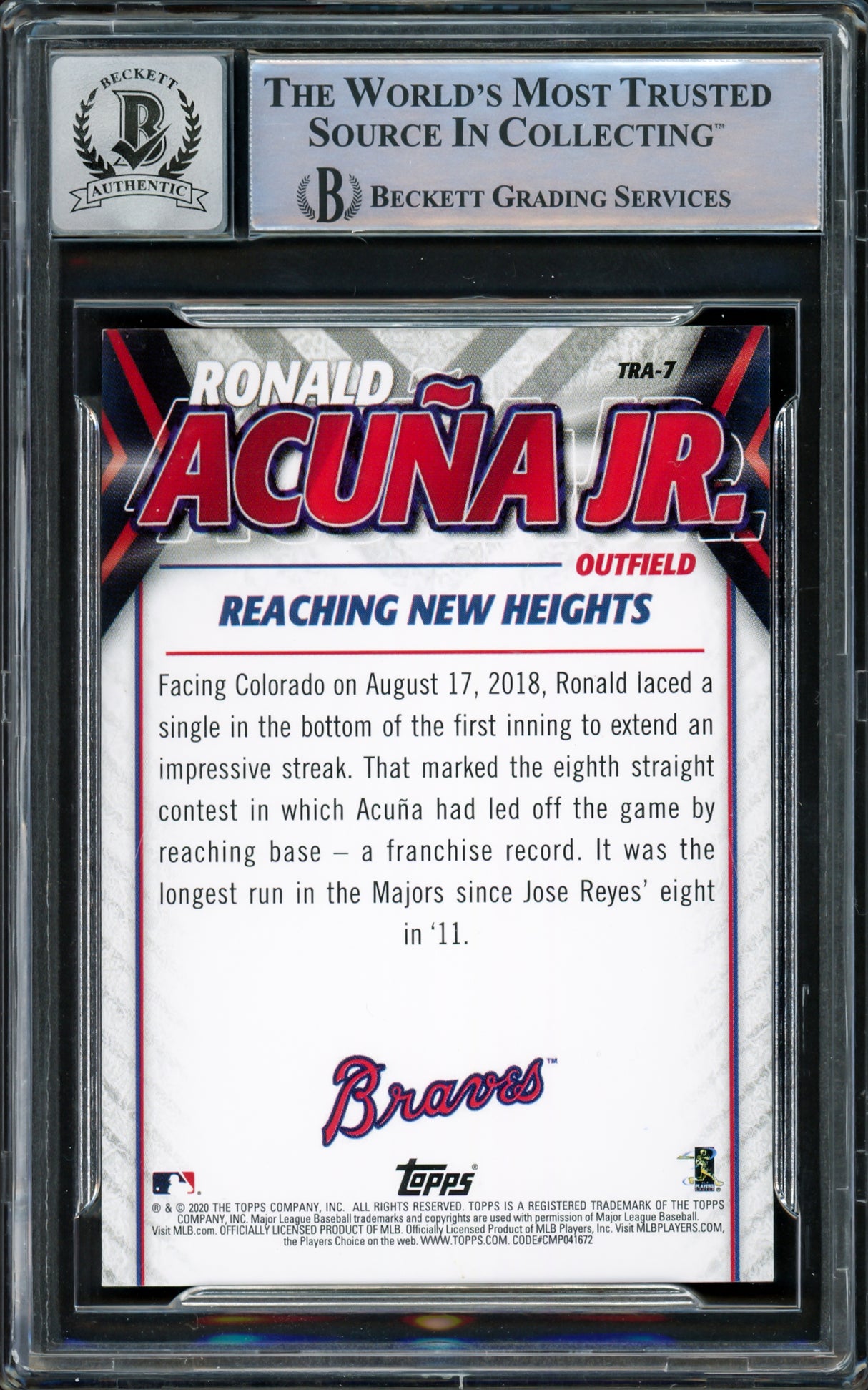 Ronald Acuna Jr. Autographed 2020 Topps Highlights Card #TRA-7 Atlanta Braves Auto Grade Gem Mint 10 Beckett BAS #15859257