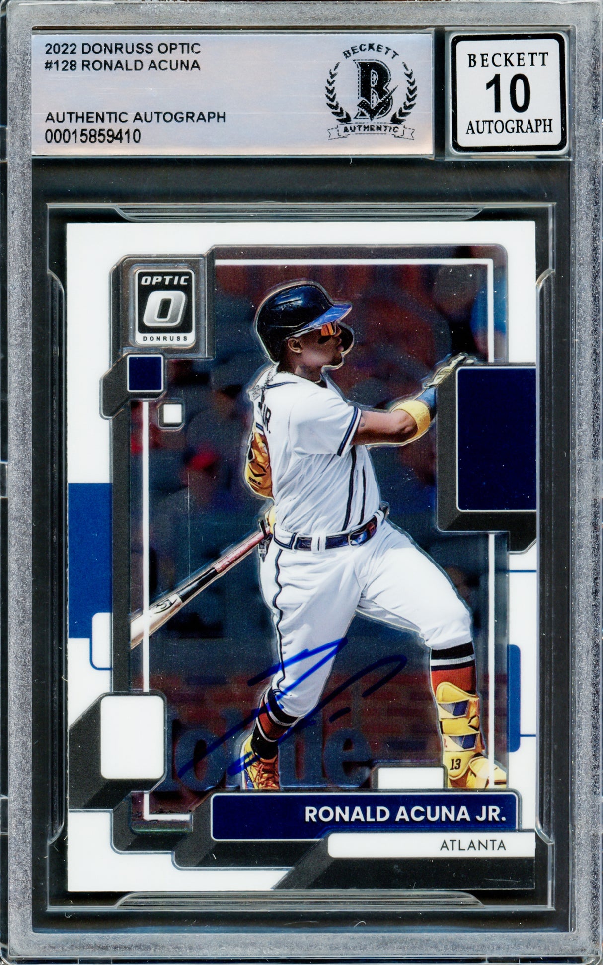 Ronald Acuna Jr. Autographed 2022 Donruss Optic Card #128 Atlanta Braves Auto Grade Gem Mint 10 Beckett BAS #15859410