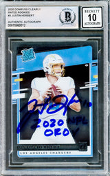 Justin Herbert Autographed 2020 Donruss Clearly Rated Rookies Rookie Card #RR-JH Los Angeles Chargers Auto Grade Gem Mint 10 "2020 NFL OROY" Beckett BAS #15860012