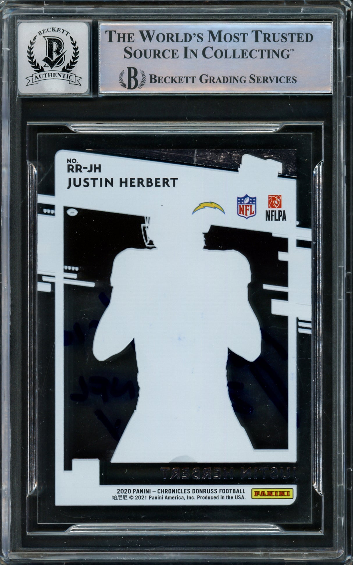 Justin Herbert Autographed 2020 Donruss Clearly Rated Rookies Rookie Card #RR-JH Los Angeles Chargers Auto Grade Gem Mint 10 "2020 NFL OROY" Beckett BAS #15860012