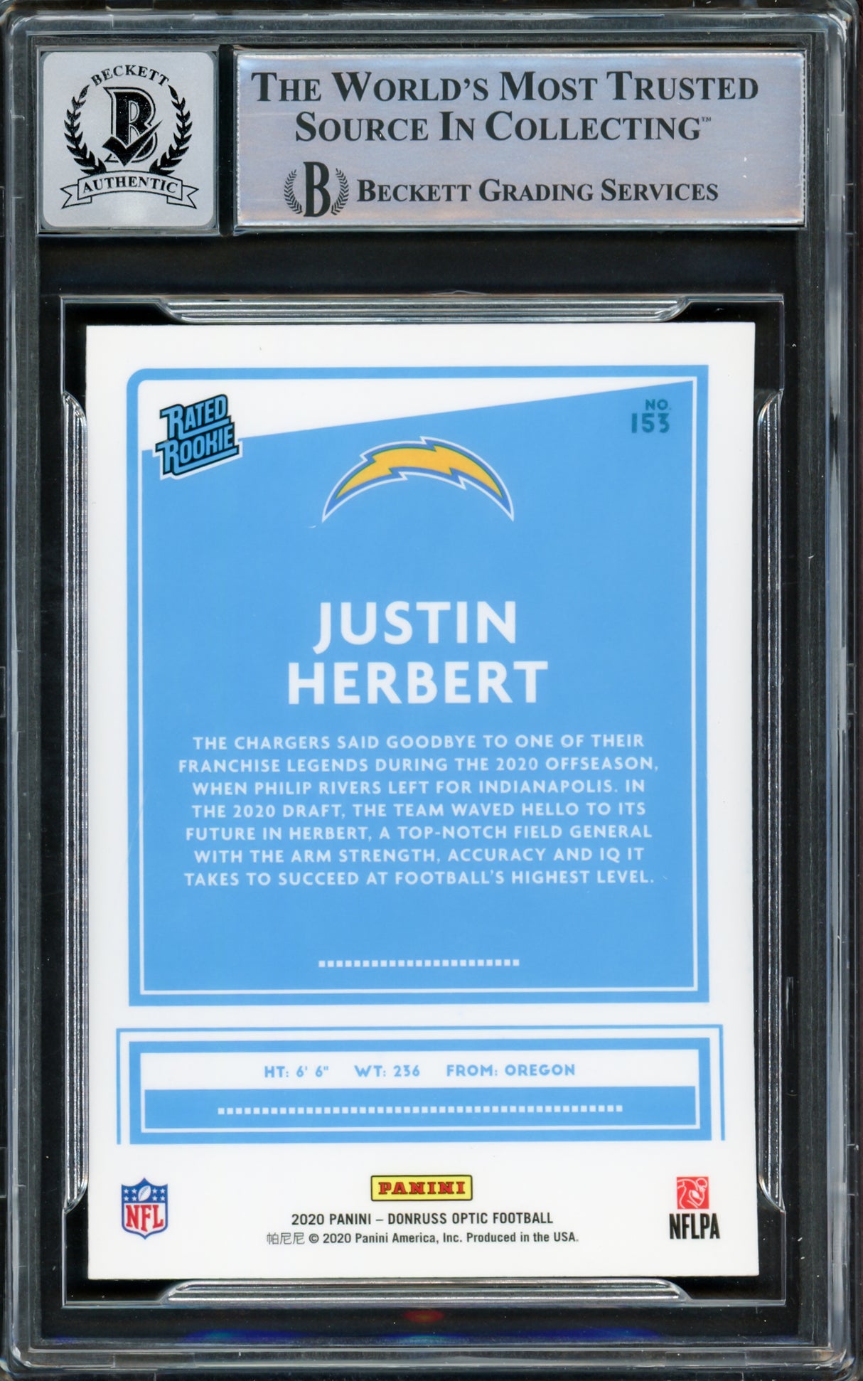 Justin Herbert Autographed 2020 Donruss Optic Rated Rookies Rookie Card #153 Los Angeles Chargers Auto Grade Gem Mint 10 "2020 NFL OROY" Beckett BAS #15860014