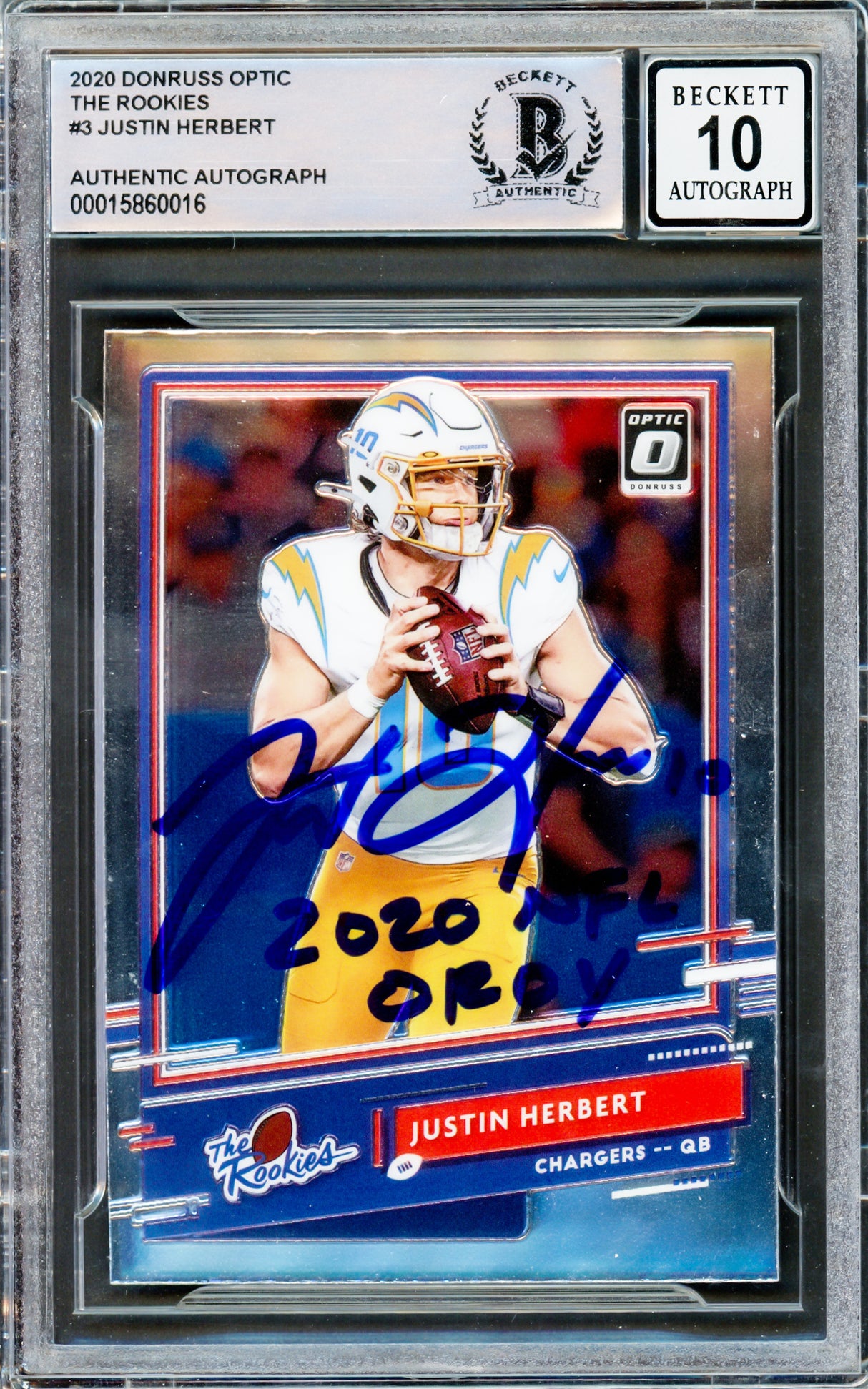 Justin Herbert Autographed 2020 Donruss Optic The Rookies Rookie Card #TR-JH Los Angeles Chargers Auto Grade Gem Mint 10 "2020 NFL OROY" Beckett BAS #15860016