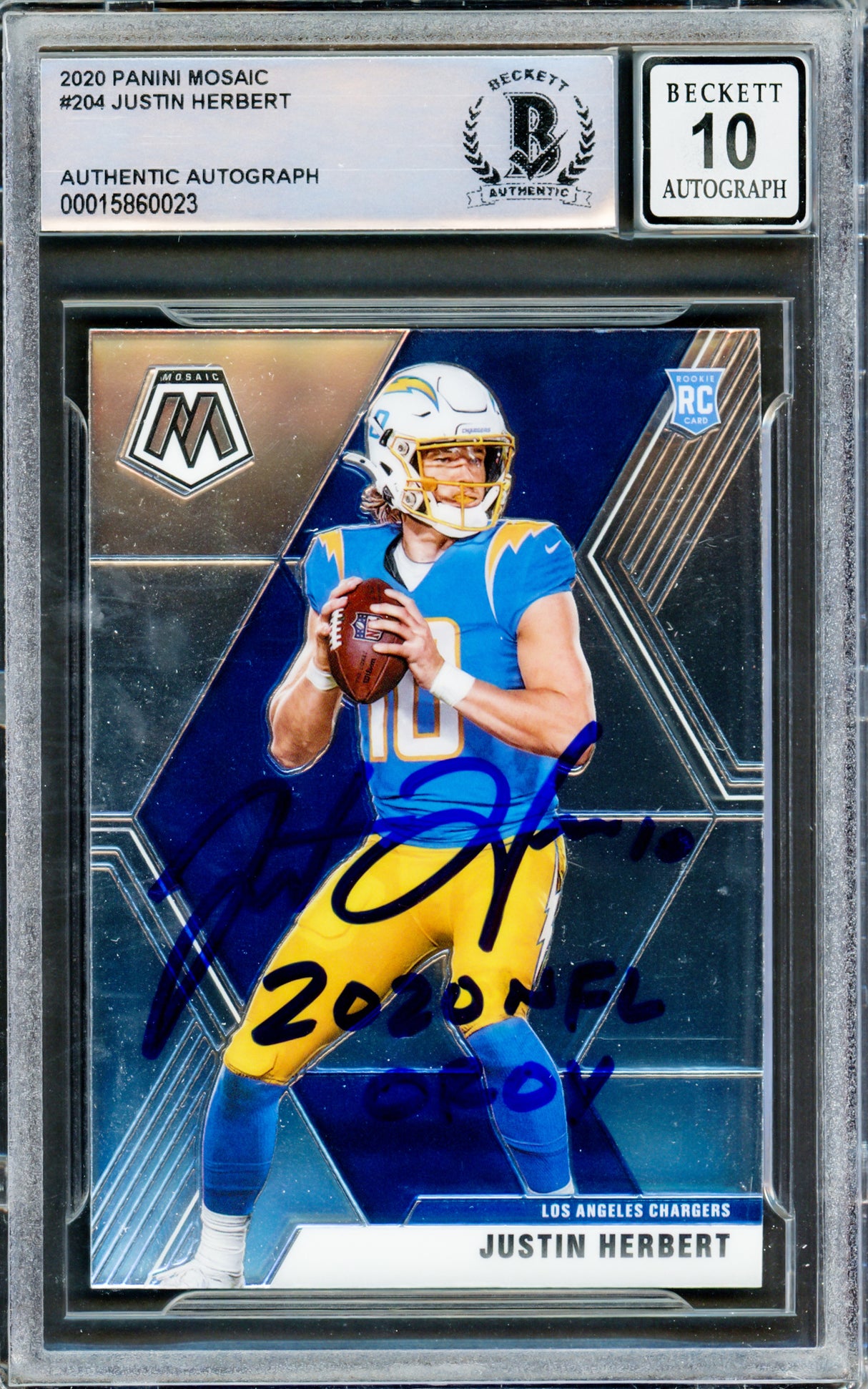 Justin Herbert Autographed 2020 Panini Mosaic Rookie Card #204 Los Angeles Chargers Auto Grade Gem Mint 10 "2020 NFL OROY" Beckett BAS #15860023