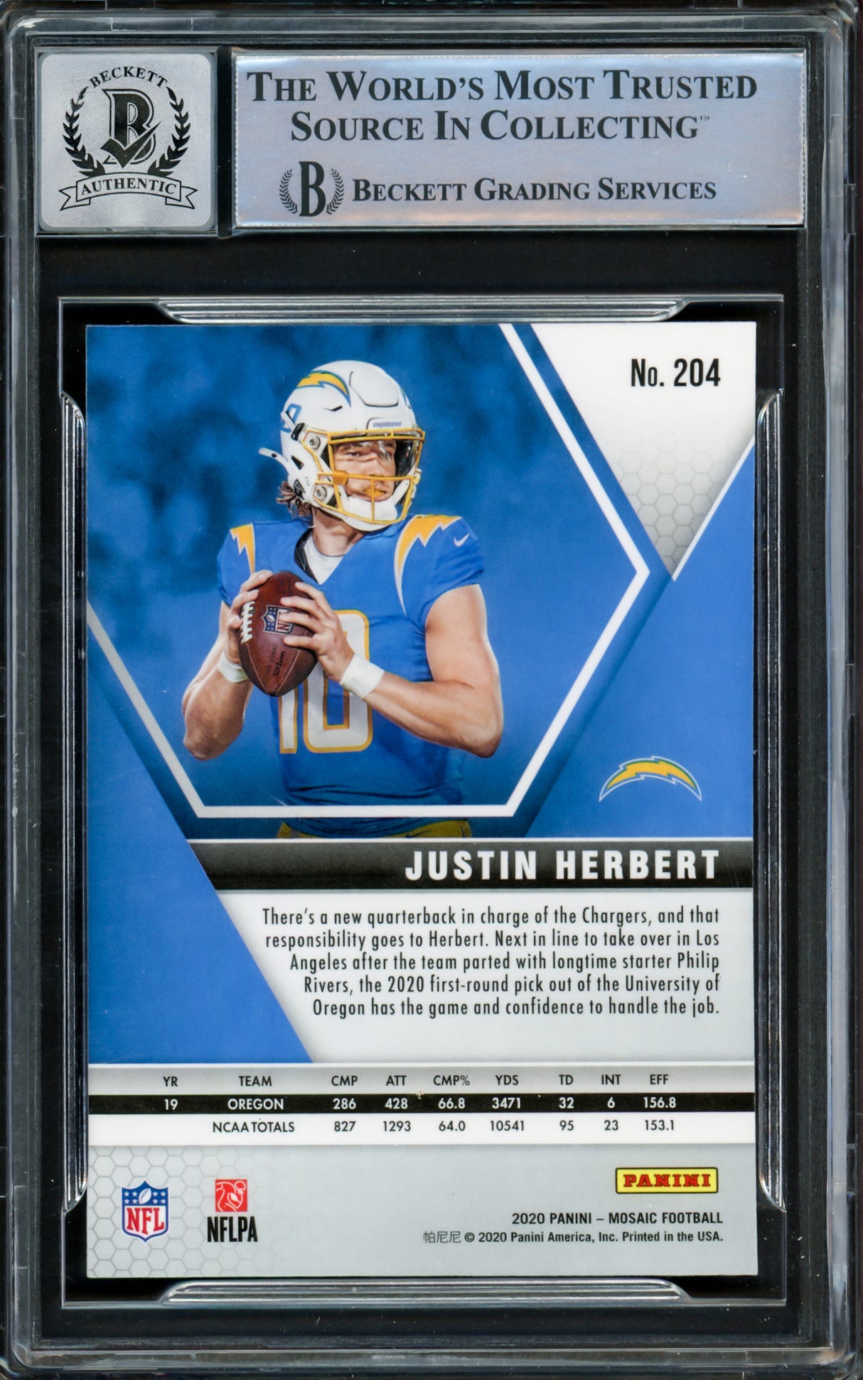 Justin Herbert Autographed 2020 Panini Mosaic Rookie Card #204 Los Angeles Chargers Auto Grade Gem Mint 10 "2020 NFL OROY" Beckett BAS #15860023