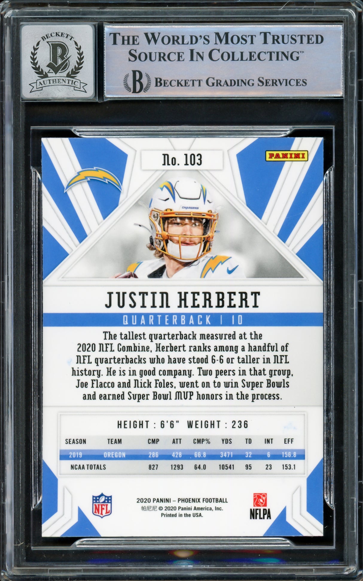 Justin Herbert Autographed 2020 Panini Phoenix Rookie Card #103 Los Angeles Chargers Auto Grade Gem Mint 10 "2020 NFL OROY" Beckett BAS #15860024