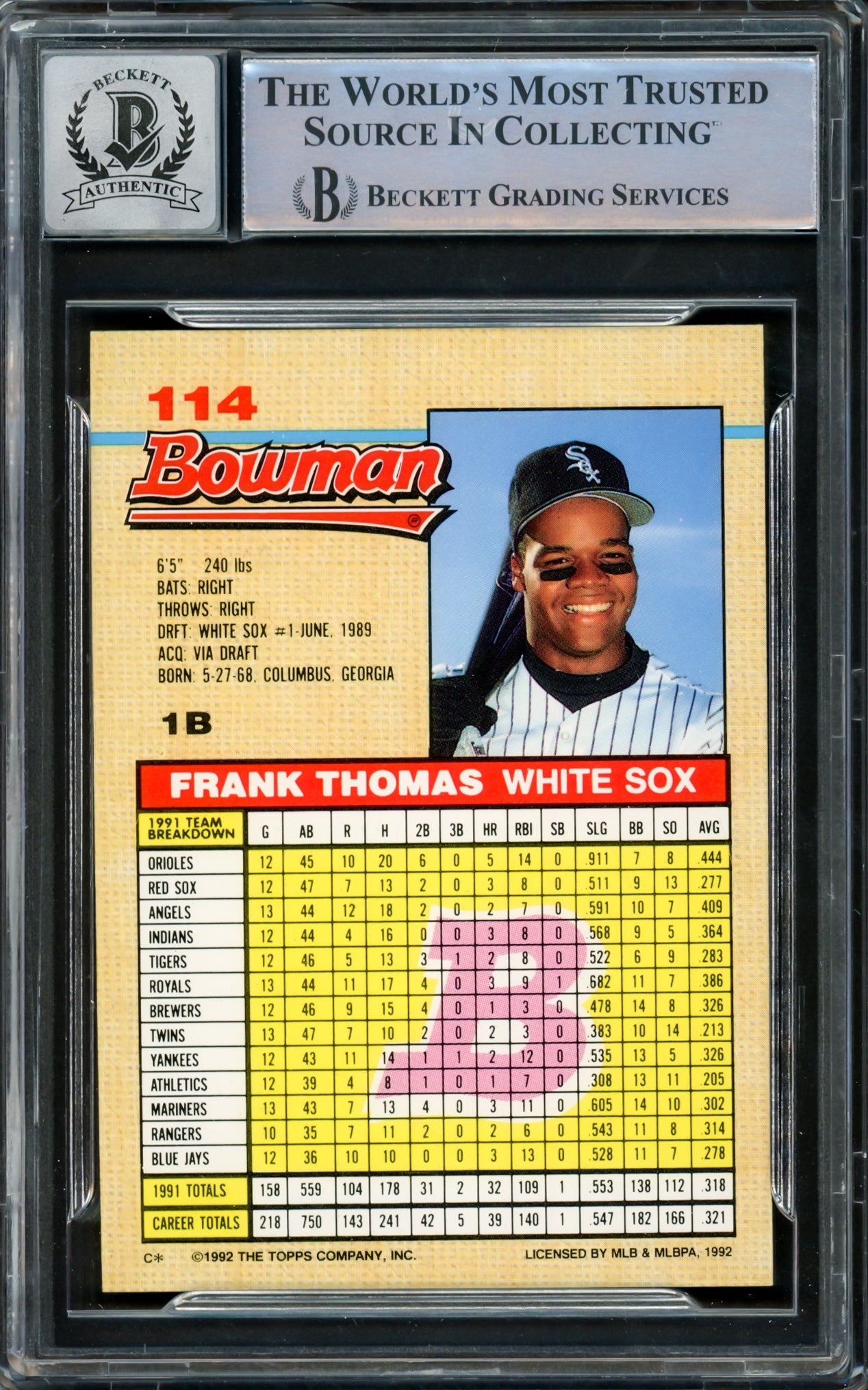 Frank Thomas Autographed 1992 Bowman Card #114 Chicago White Sox Auto Grade Gem Mint 10 Beckett BAS #15860896