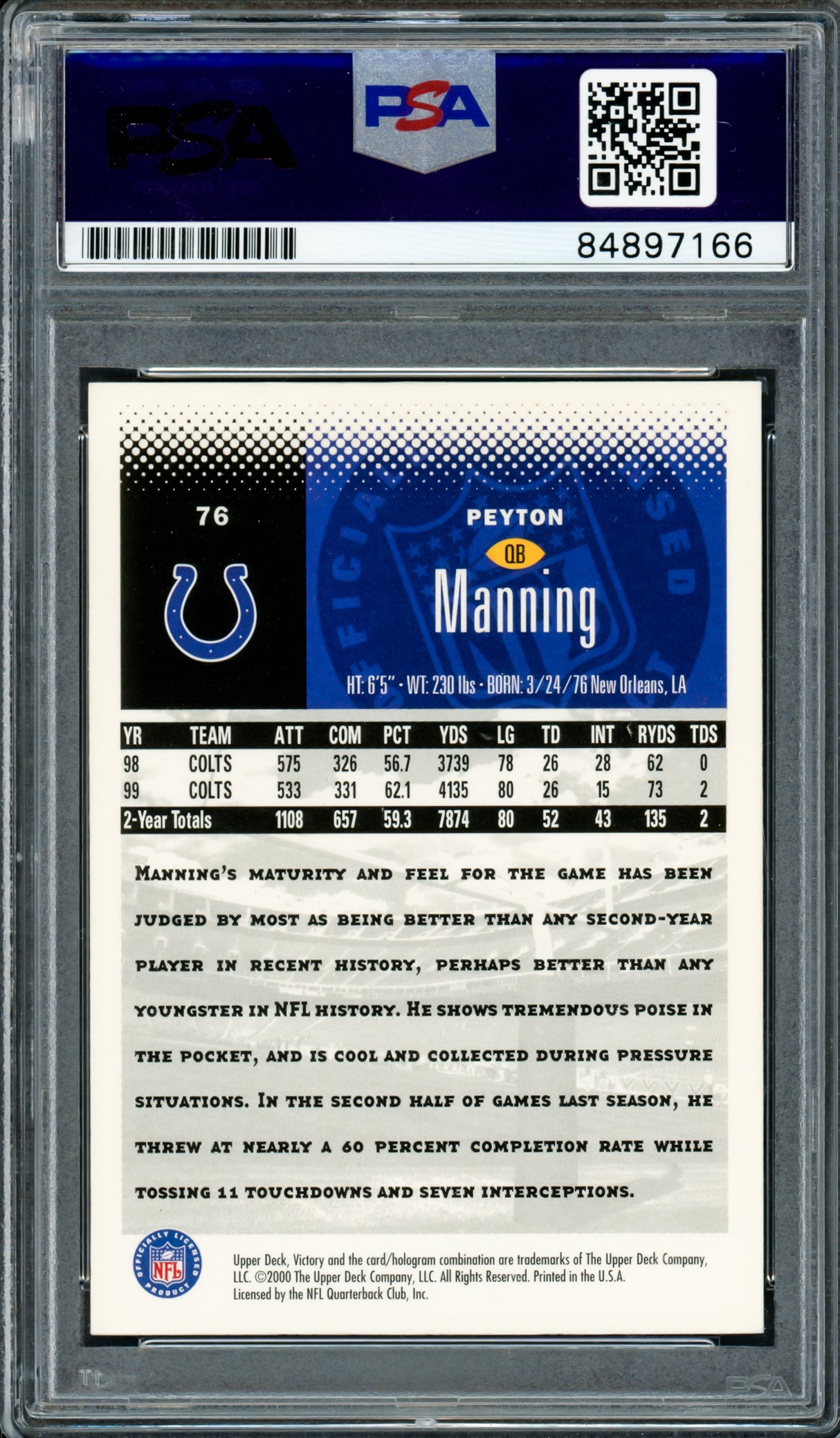 Peyton Manning Autographed 2000 Upper Deck Victory Card #76 Indianapolis Colts PSA/DNA #84897166