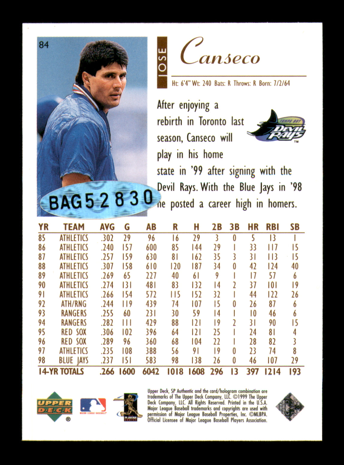 Jose Conseco Autographed 2000 Upper Deck SP Buy Back Card Tampa Bay Devil Rays #171/502 UDA Holo #BAG52830