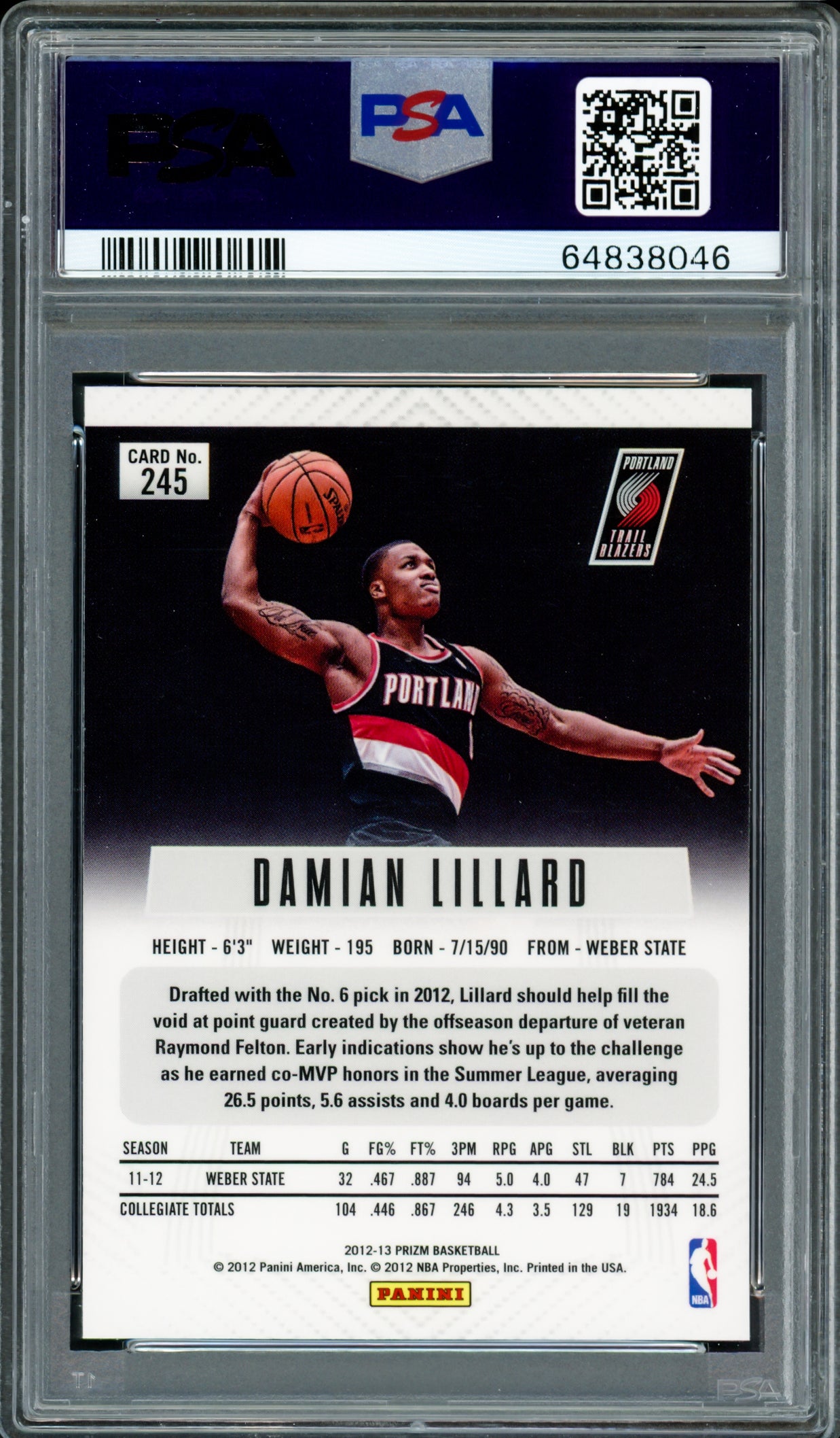 Damian Lillard Autographed 2012 Panini Prizm Rookie Card #245 Portland Trail Blazers PSA 10 Auto Grade Gem Mint 10 PSA/DNA #64838046