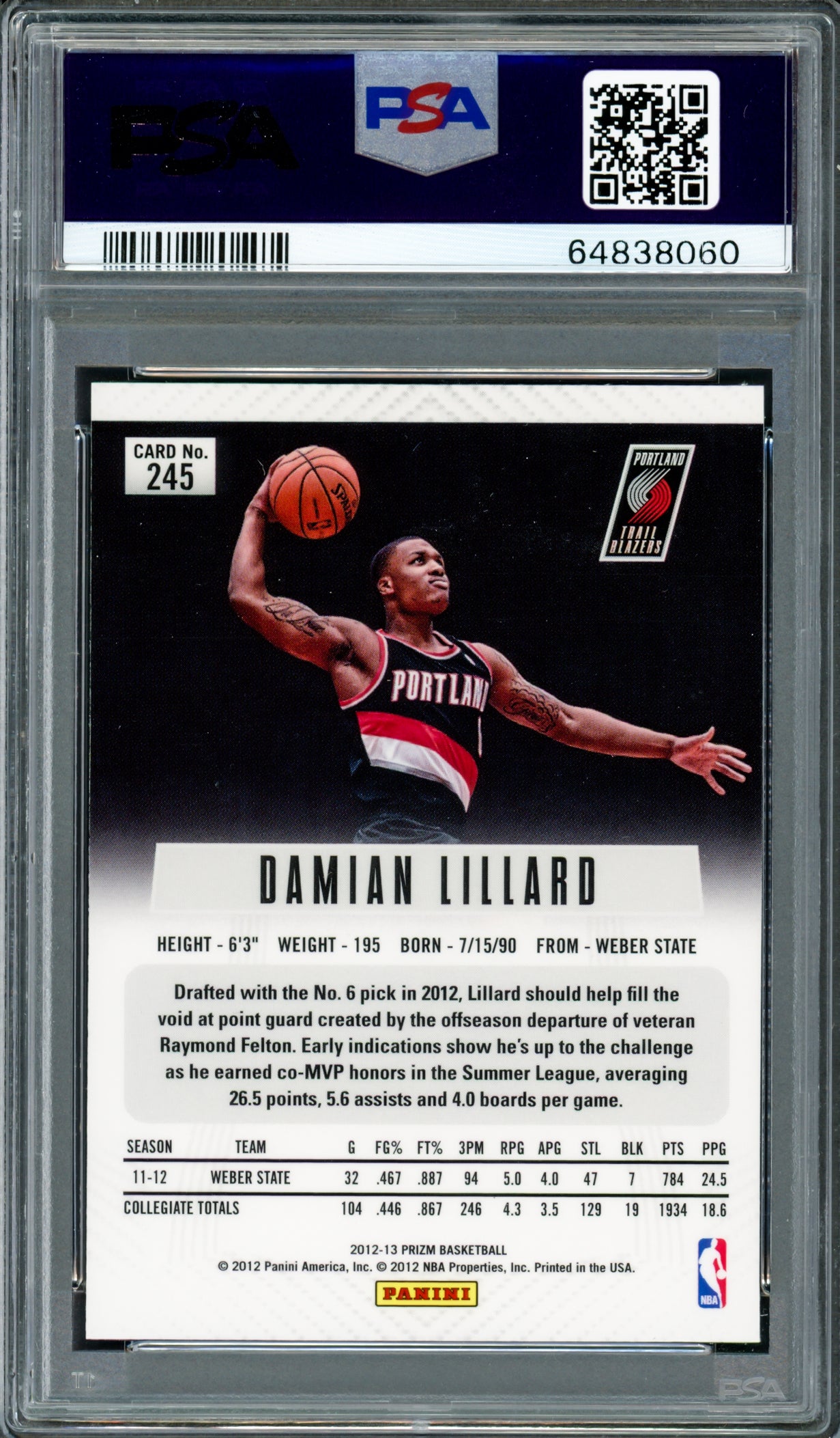 Damian Lillard Autographed 2012 Panini Prizm Rookie Card #245 Portland Trail Blazers PSA 10 Auto Grade Gem Mint 10 PSA/DNA #64838060