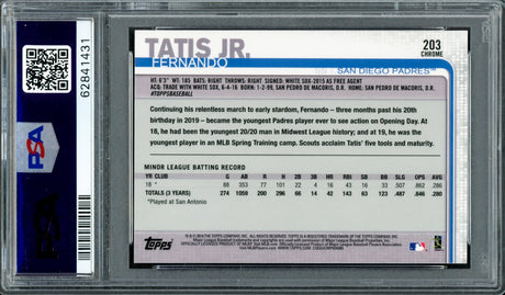 Fernando Tatis Jr. Autographed 2019 Topps Chrome Rookie Card #203 San Diego Padres PSA 10 Auto Grade Gem Mint 10 PSA/DNA #62841431