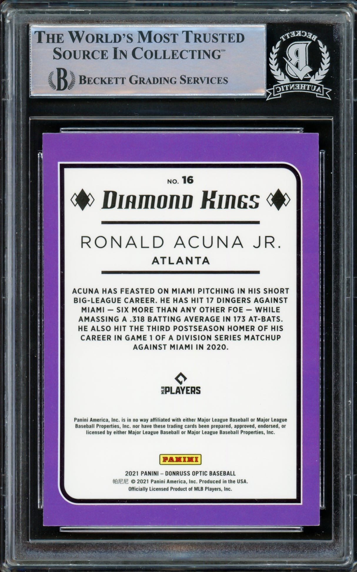 Ronald Acuna Jr. Autographed 2021 Donruss Optic Diamond Kings Card #16 Atlanta Braves Beckett BAS #15866518