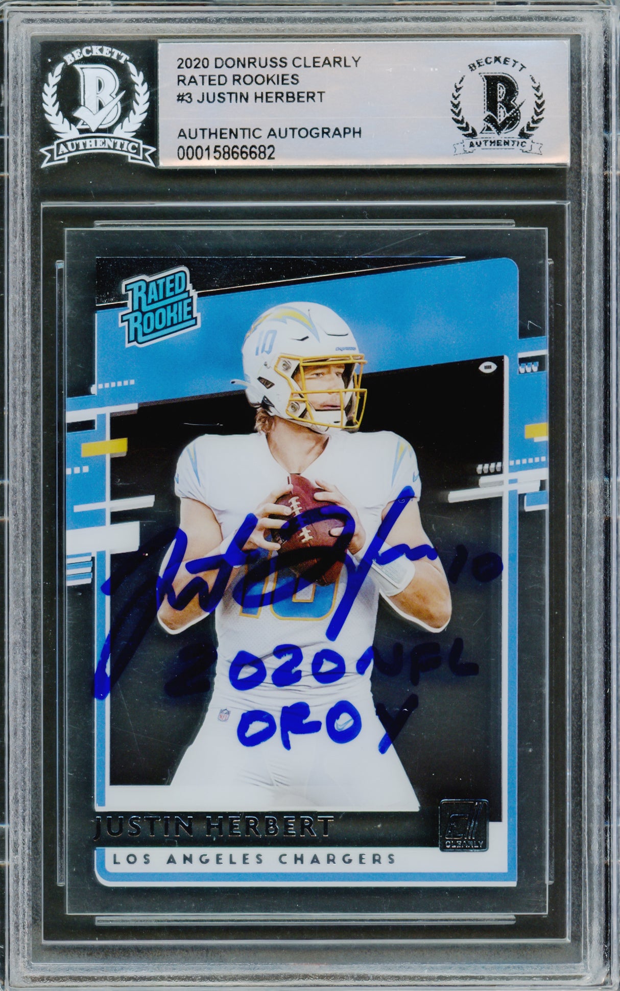 Justin Herbert Autographed 2020 Donruss Clearly Rated Rookie Card #RR-JH Los Angeles Chargers "2020 NFL OROY" Beckett BAS #15866682