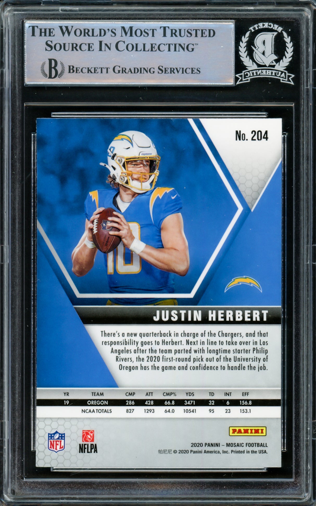 Justin Herbert Autographed 2020 Panini Mosaic Rookie Card #204 Los Angeles Chargers "2020 NFL OROY" Beckett BAS #15866686