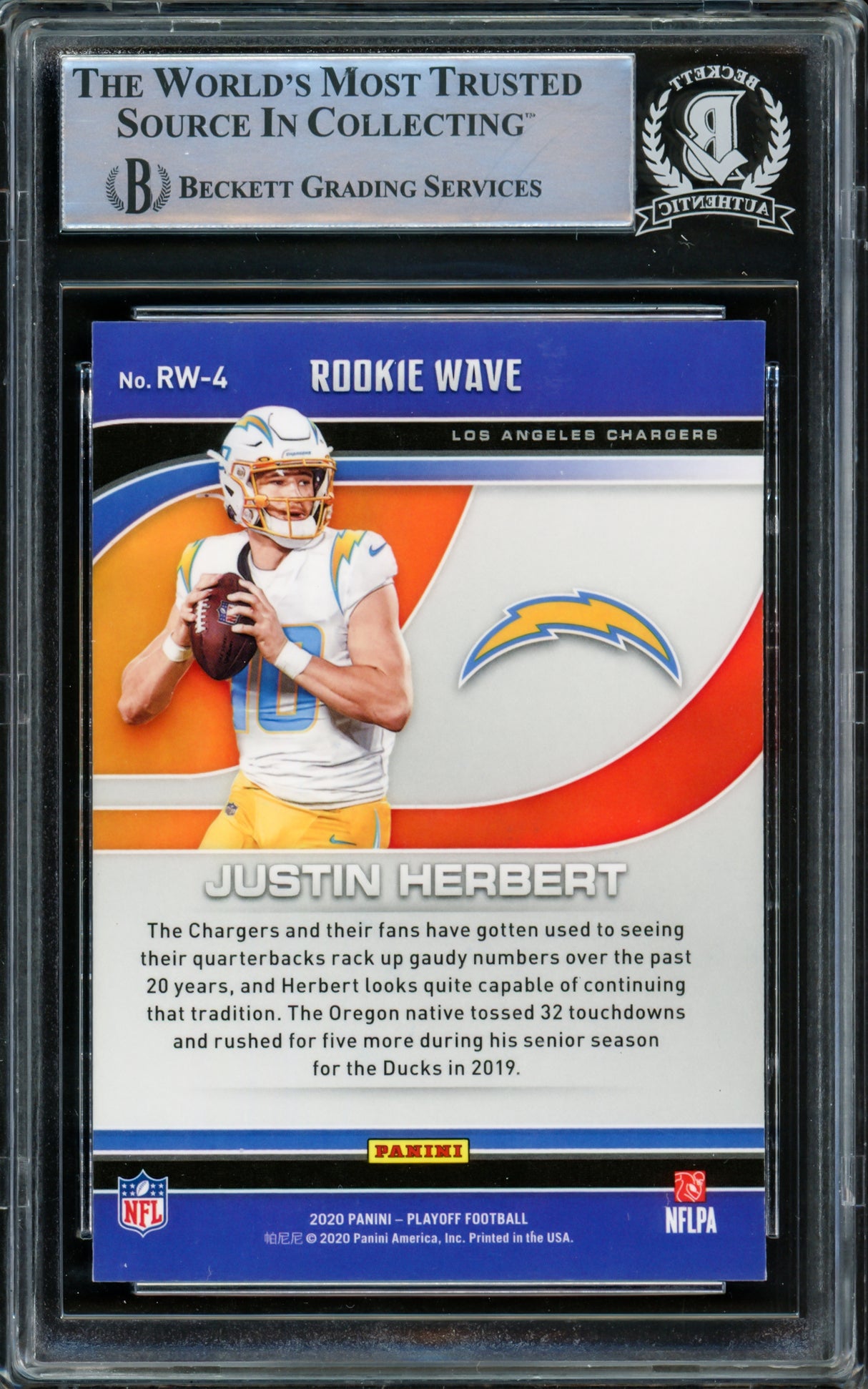 Justin Herbert Autographed 2020 Panini Playoff Rookie Wave Rookie Card #RW-4 Los Angeles Chargers "2020 NFL OROY" Beckett BAS #15866689